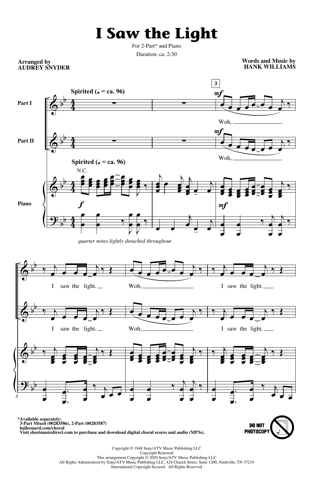 Hank Williams I Saw The Light (arr. Audrey Snyder) Sheet Music Notes & Chords for 2-Part Choir - Download or Print PDF