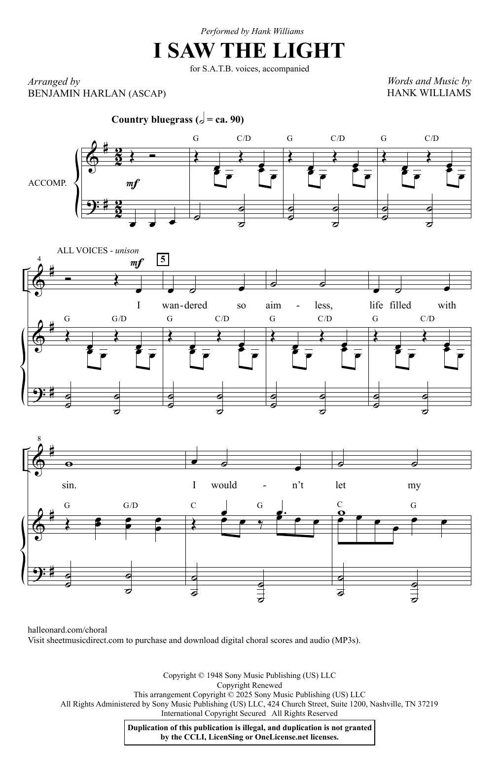 Hank Williams I Saw The Light (arr. Benjamin Harlan) Sheet Music Notes & Chords for SATB Choir - Download or Print PDF Hank Williams I Saw The Light (arr. Benjamin Harlan) Sheet Music Notes & Chords for SATB Choir - Download or Print PDF