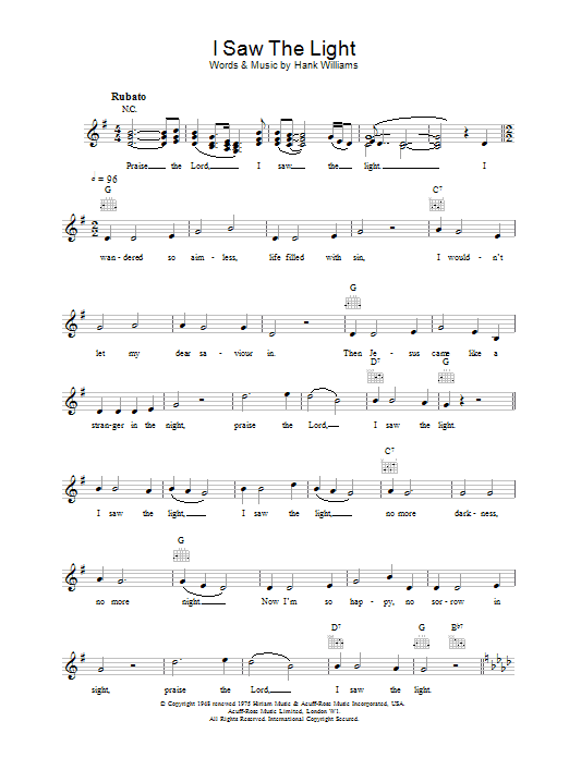 Hank Williams I Saw The Light Sheet Music Notes & Chords for Alto Saxophone - Download or Print PDF