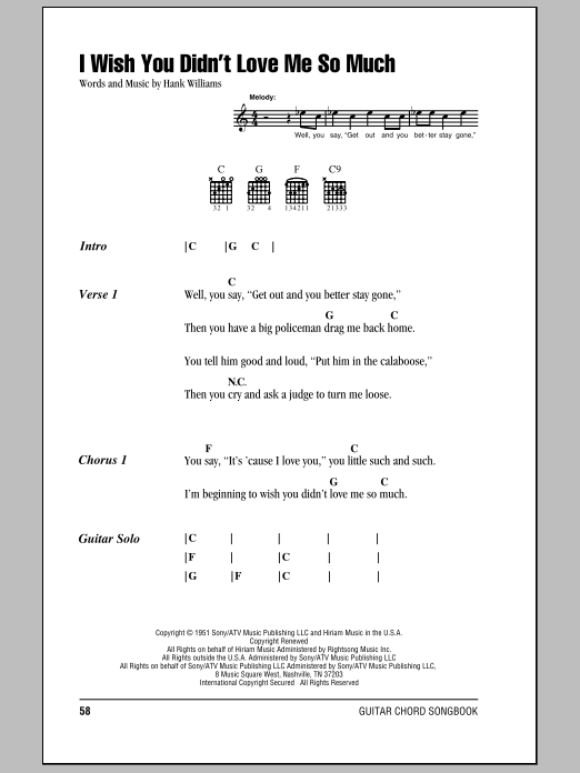 Hank Williams I Wish You Didn't Love Me So Much Sheet Music Notes & Chords for Piano, Vocal & Guitar (Right-Hand Melody) - Download or Print PDF
