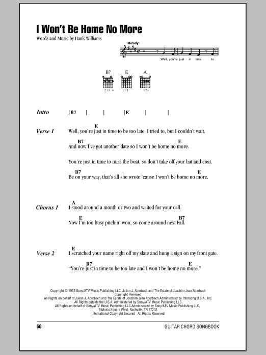 Hank Williams I Won't Be Home No More Sheet Music Notes & Chords for Lyrics & Chords - Download or Print PDF