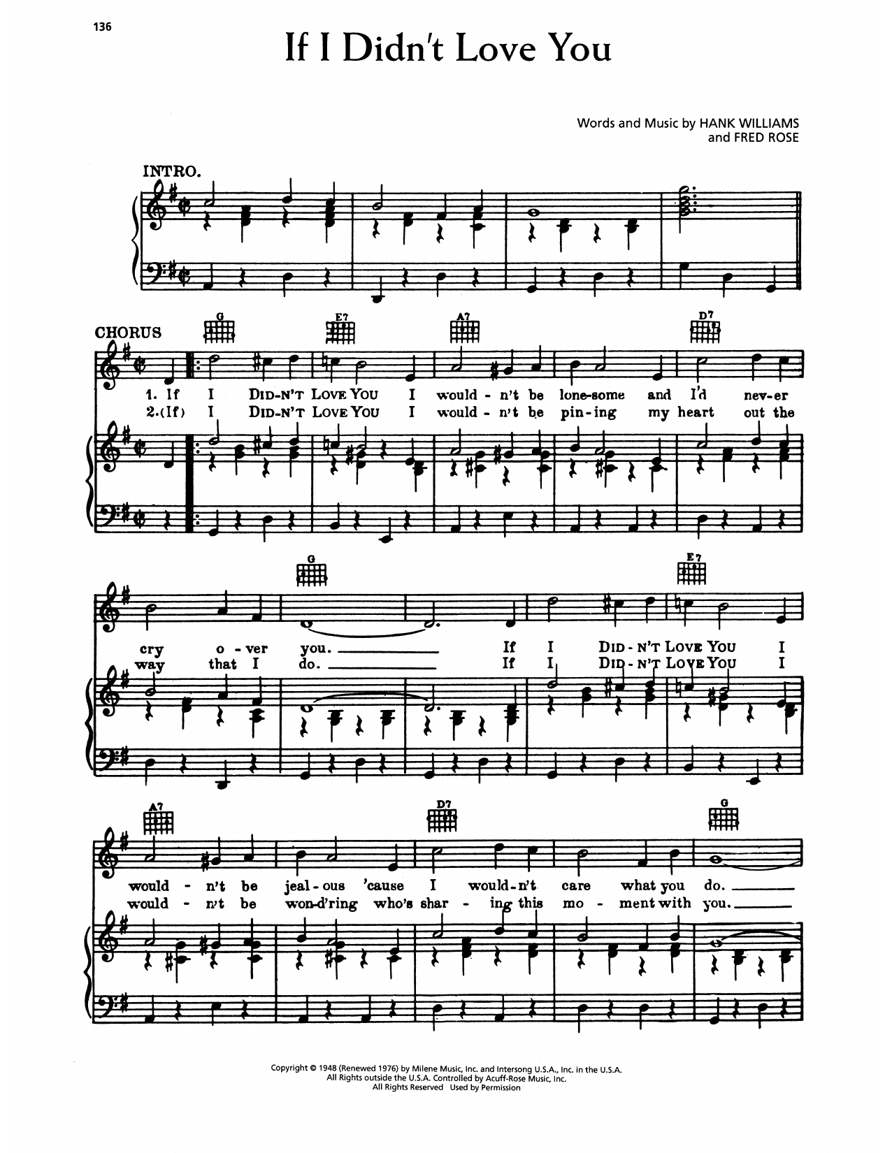 Hank Williams If I Didn't Love You Sheet Music Notes & Chords for Piano, Vocal & Guitar Chords (Right-Hand Melody) - Download or Print PDF