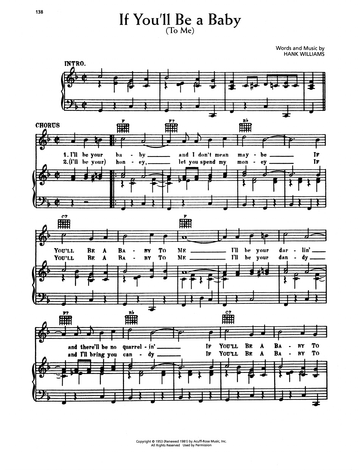 Hank Williams If You'll Be A Baby (To Me) Sheet Music Notes & Chords for Piano, Vocal & Guitar Chords (Right-Hand Melody) - Download or Print PDF