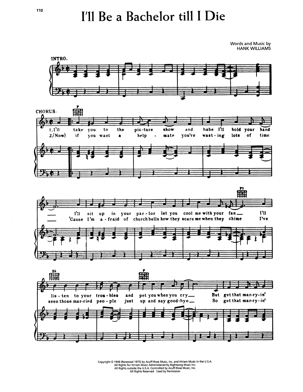 Hank Williams I'll Be A Bachelor Till I Die Sheet Music Notes & Chords for Piano, Vocal & Guitar Chords (Right-Hand Melody) - Download or Print PDF