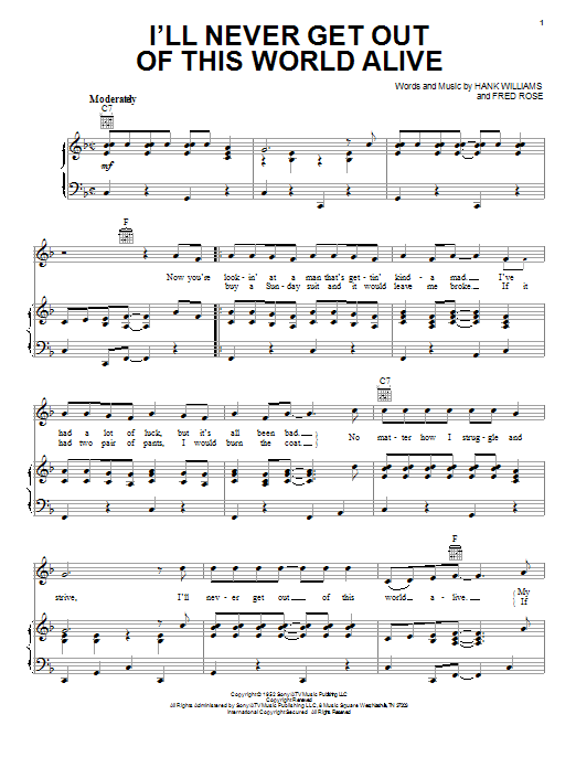 Hank Williams I'll Never Get Out Of This World Alive Sheet Music Notes & Chords for Easy Piano - Download or Print PDF