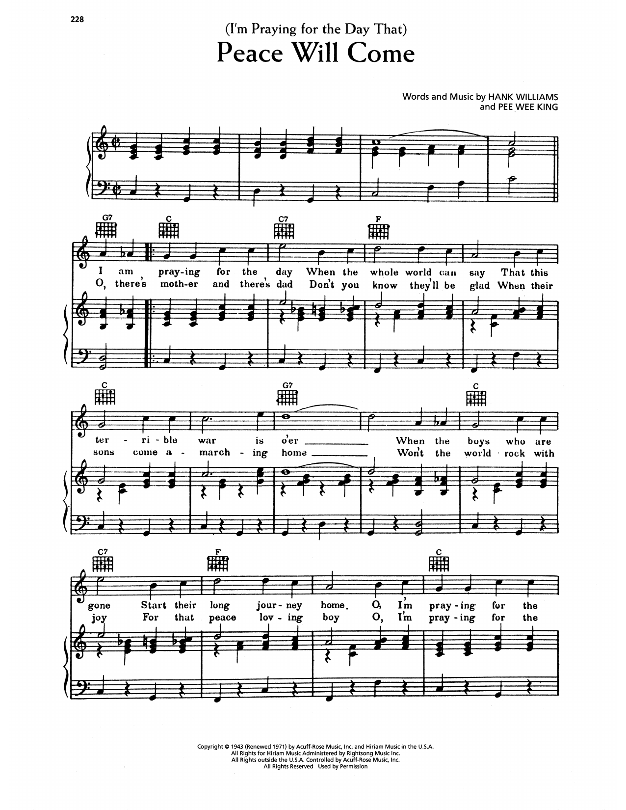 Hank Williams (I'm Praying For The Day That) Peace Will Come Sheet Music Notes & Chords for Piano, Vocal & Guitar Chords (Right-Hand Melody) - Download or Print PDF