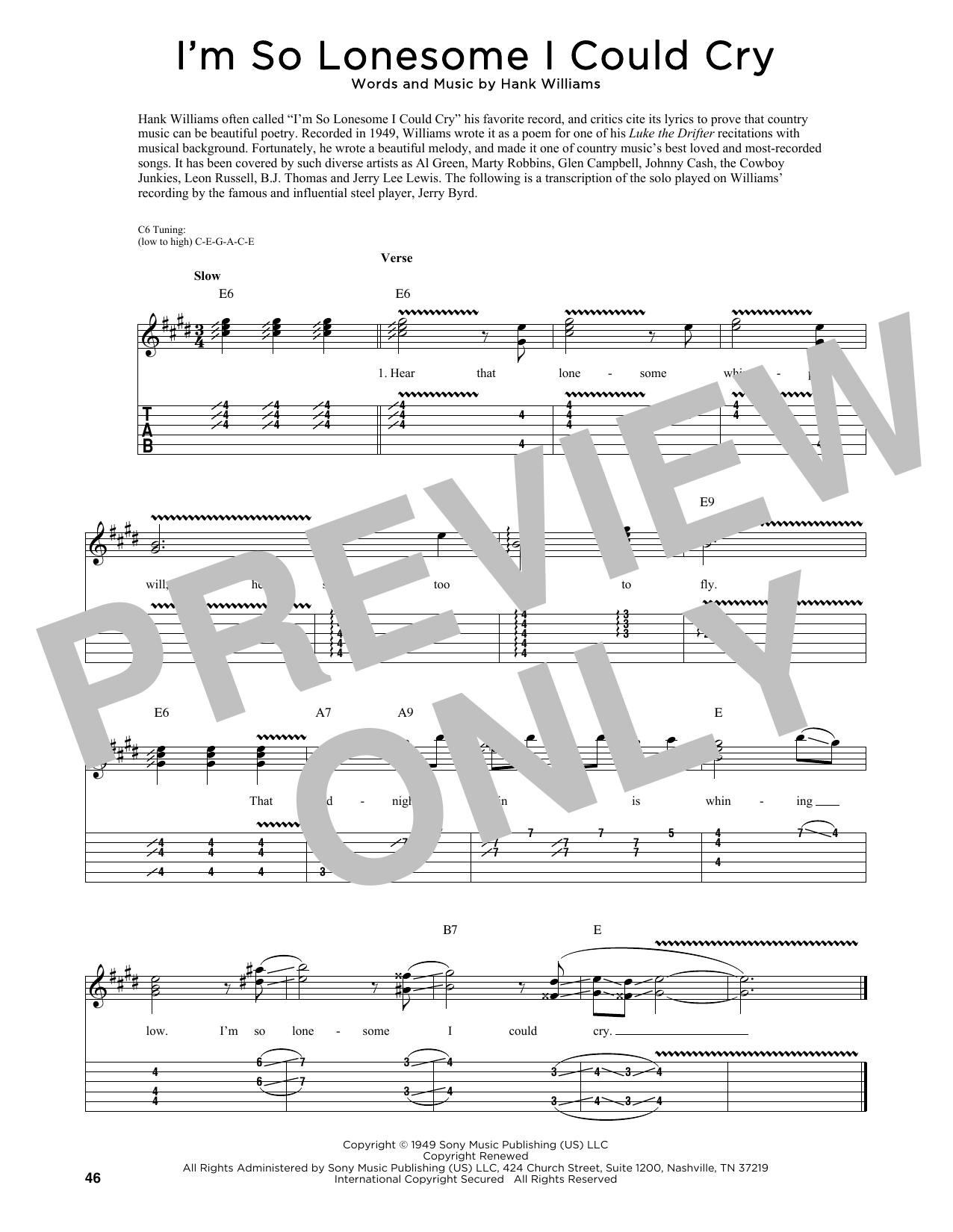 Hank Williams I'm So Lonesome I Could Cry (arr. Fred Sokolow) Sheet Music Notes & Chords for Guitar Tab - Download or Print PDF