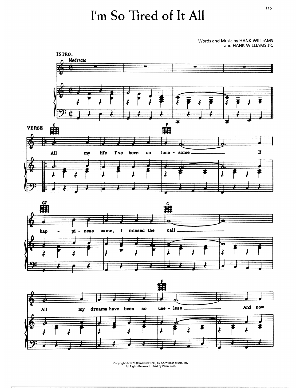 Hank Williams I'm So Tired Of It All Sheet Music Notes & Chords for Piano, Vocal & Guitar Chords (Right-Hand Melody) - Download or Print PDF
