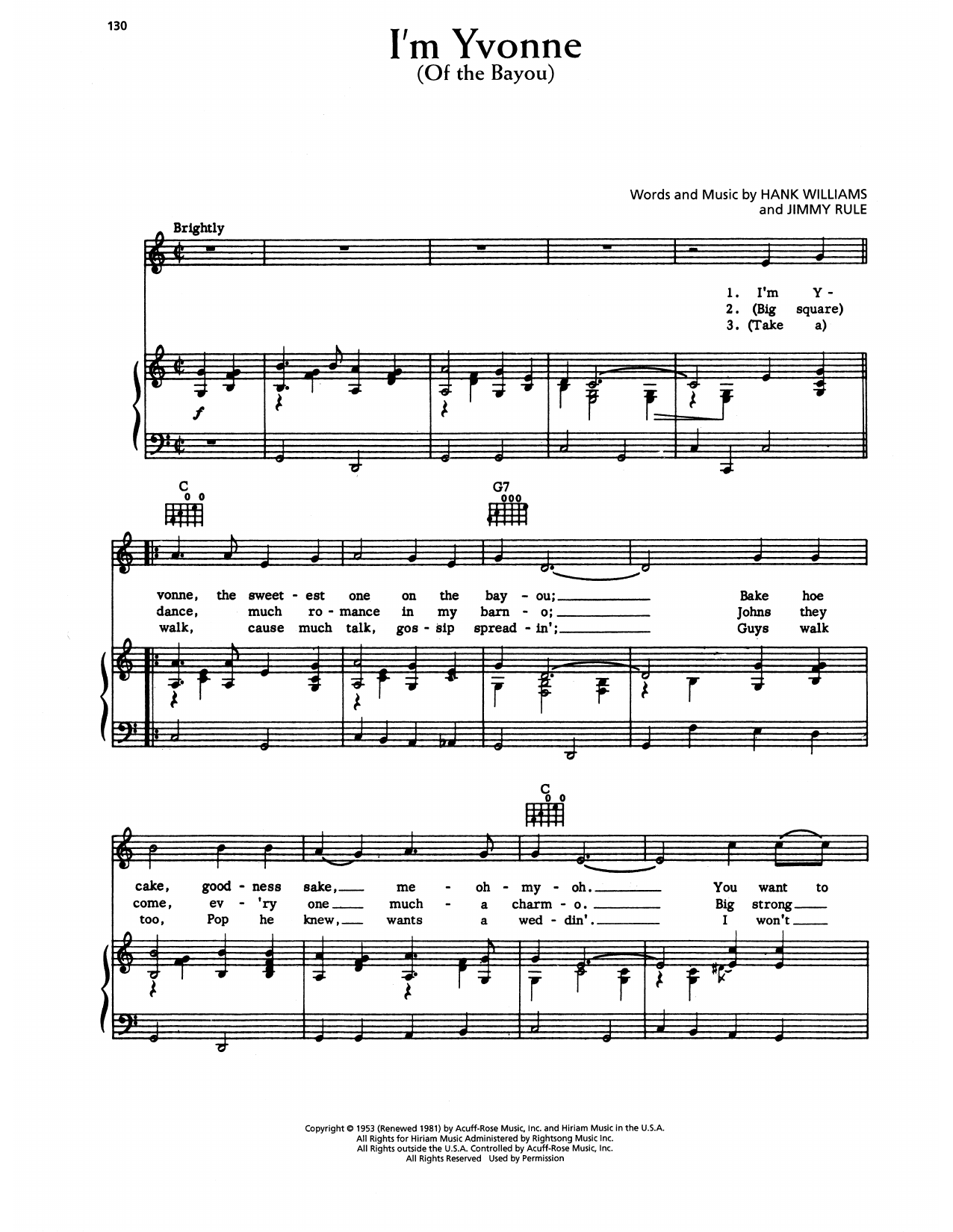 Hank Williams I'm Yvonne (Of The Bayou) Sheet Music Notes & Chords for Piano, Vocal & Guitar Chords (Right-Hand Melody) - Download or Print PDF