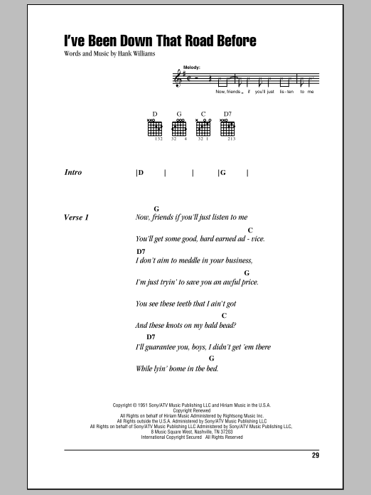 Hank Williams I've Been Down That Road Before Sheet Music Notes & Chords for Lyrics & Chords - Download or Print PDF