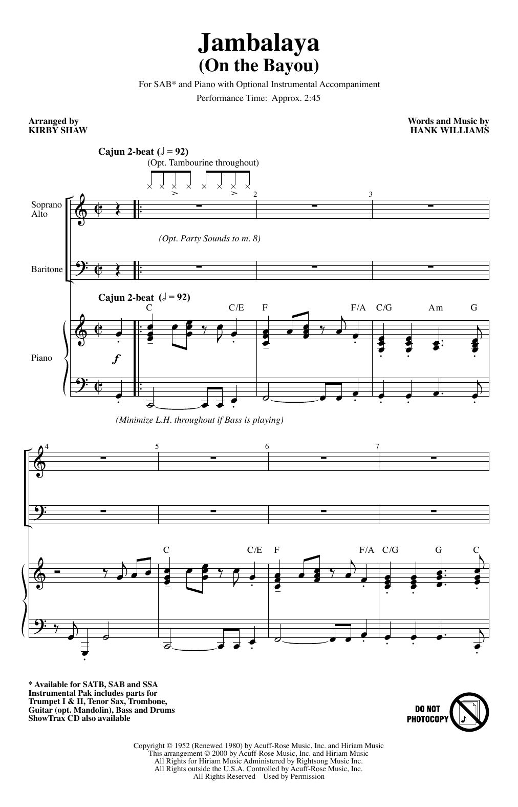 Hank Williams Jambalaya (On The Bayou) (arr. Kirby Shaw) Sheet Music Notes & Chords for SAB Choir - Download or Print PDF