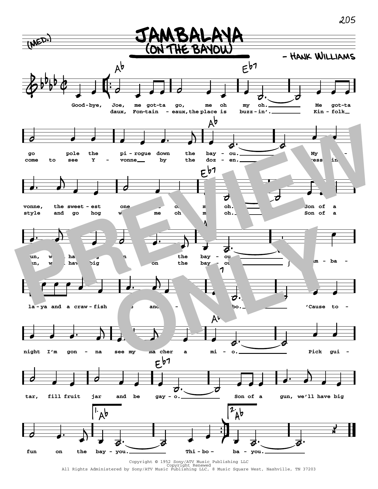 Hank Williams Jambalaya (On The Bayou) (Low Voice) Sheet Music Notes & Chords for Real Book – Melody, Lyrics & Chords - Download or Print PDF