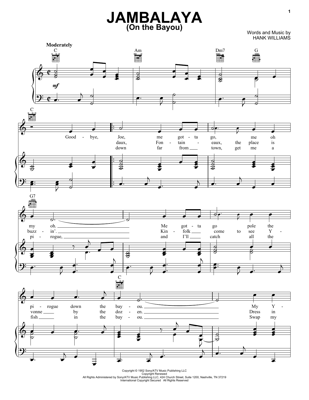 Hank Williams Jambalaya (On The Bayou) Sheet Music Notes & Chords for Voice - Download or Print PDF