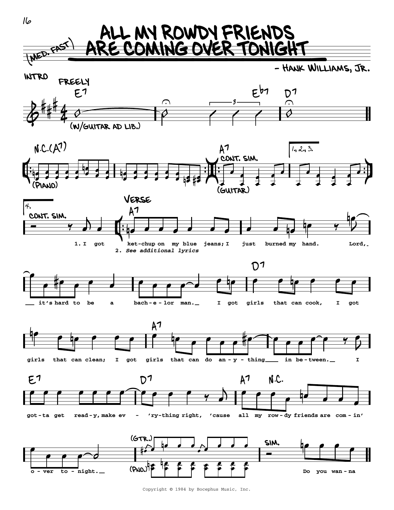 Hank Williams, Jr. All My Rowdy Friends Are Coming Over Tonight Sheet Music Notes & Chords for Real Book – Melody, Lyrics & Chords - Download or Print PDF