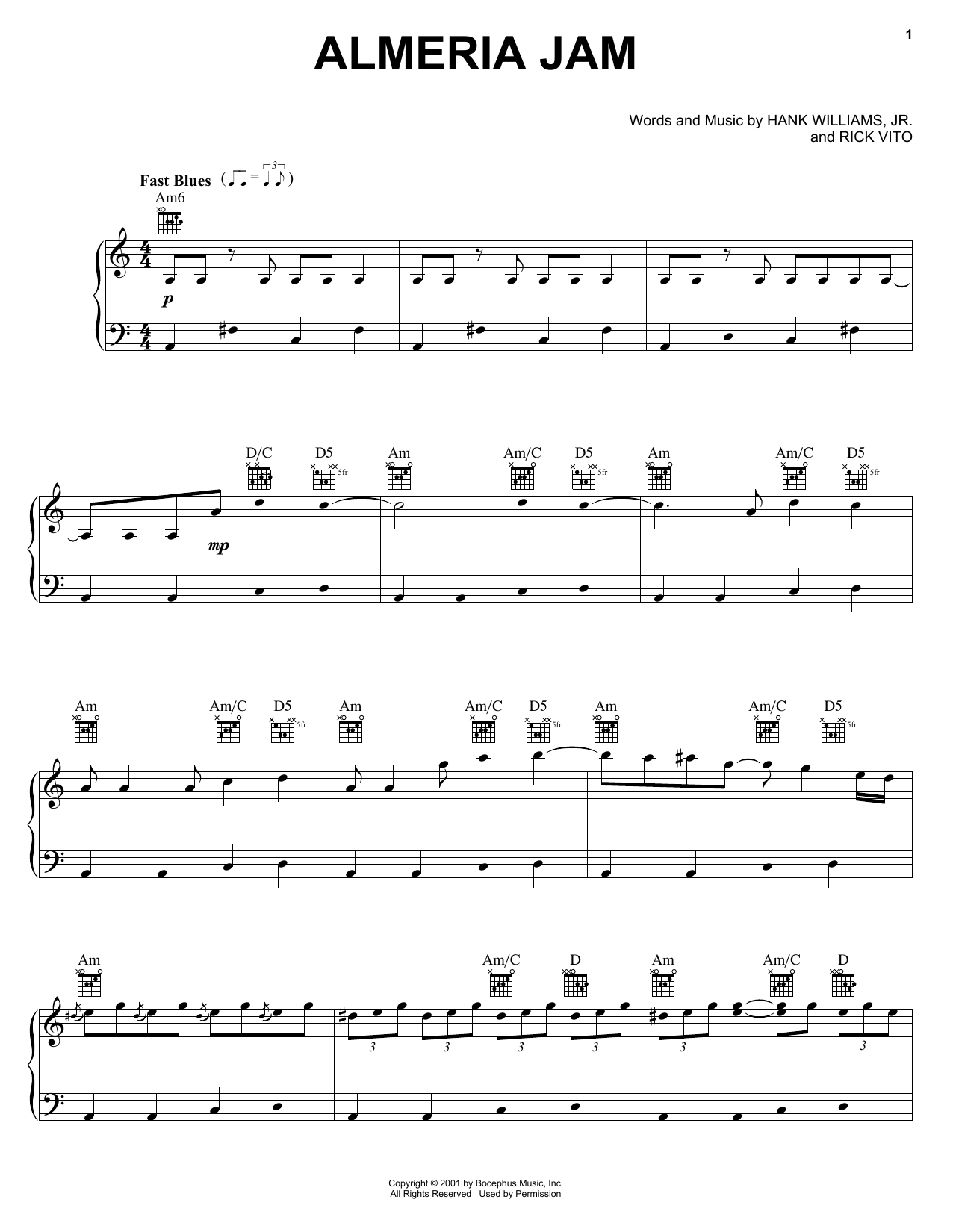 Hank Williams, Jr. Almeria Jam Sheet Music Notes & Chords for Piano, Vocal & Guitar Chords (Right-Hand Melody) - Download or Print PDF