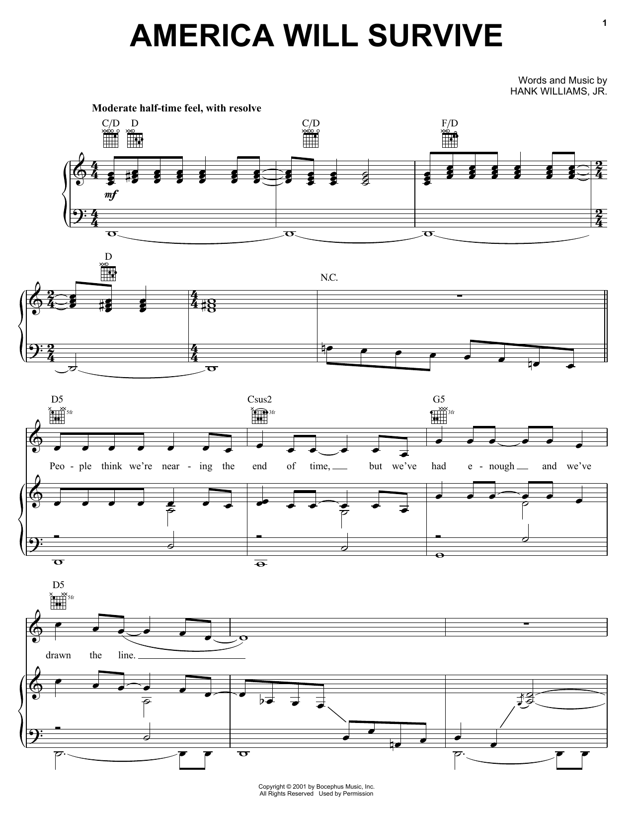 Hank Williams, Jr. America Will Survive Sheet Music Notes & Chords for Piano, Vocal & Guitar Chords (Right-Hand Melody) - Download or Print PDF