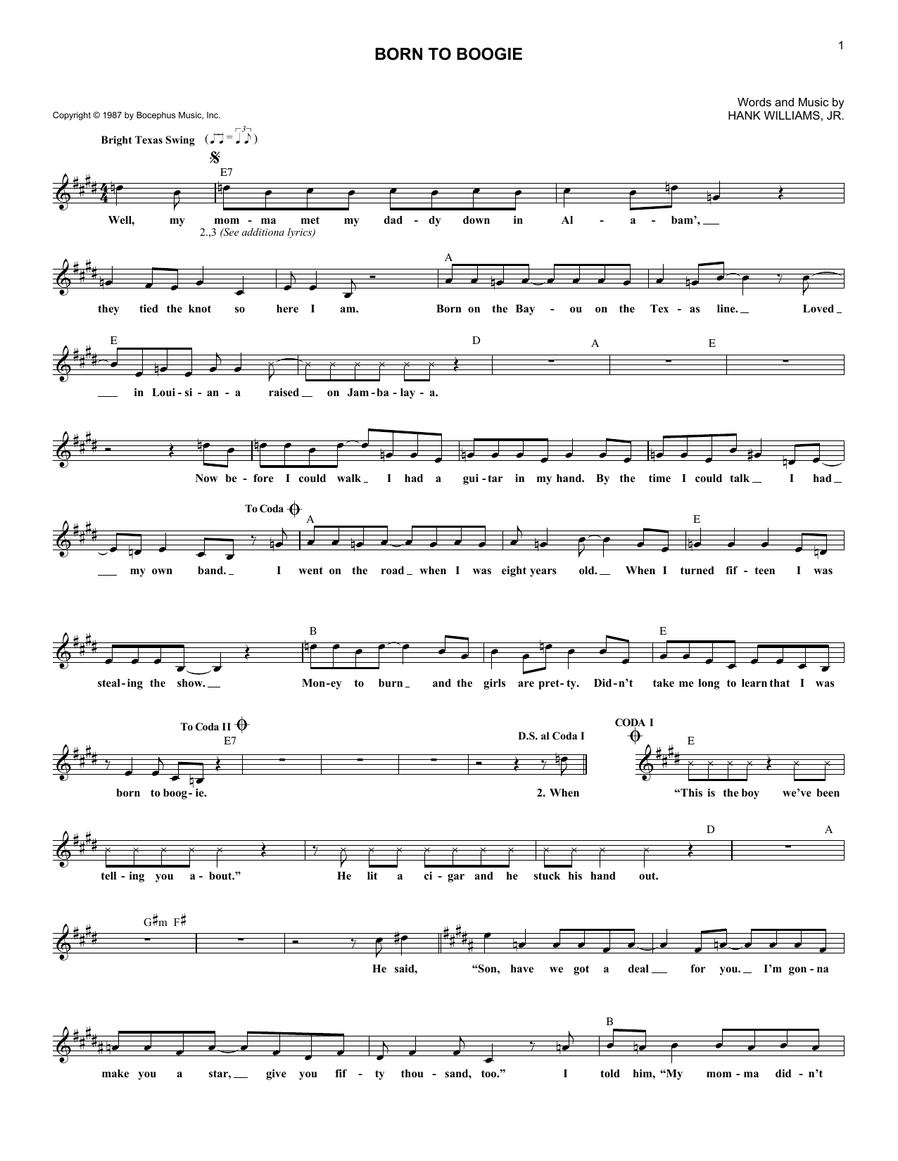 Hank Williams, Jr. Born To Boogie Sheet Music Notes & Chords for Lead Sheet / Fake Book - Download or Print PDF