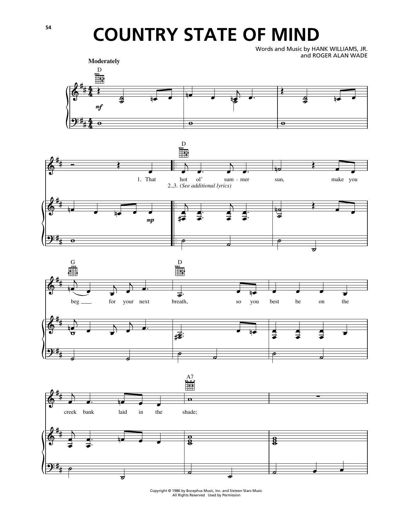 Hank Williams Jr. Country State Of Mind Sheet Music Notes & Chords for Piano, Vocal & Guitar (Right-Hand Melody) - Download or Print PDF
