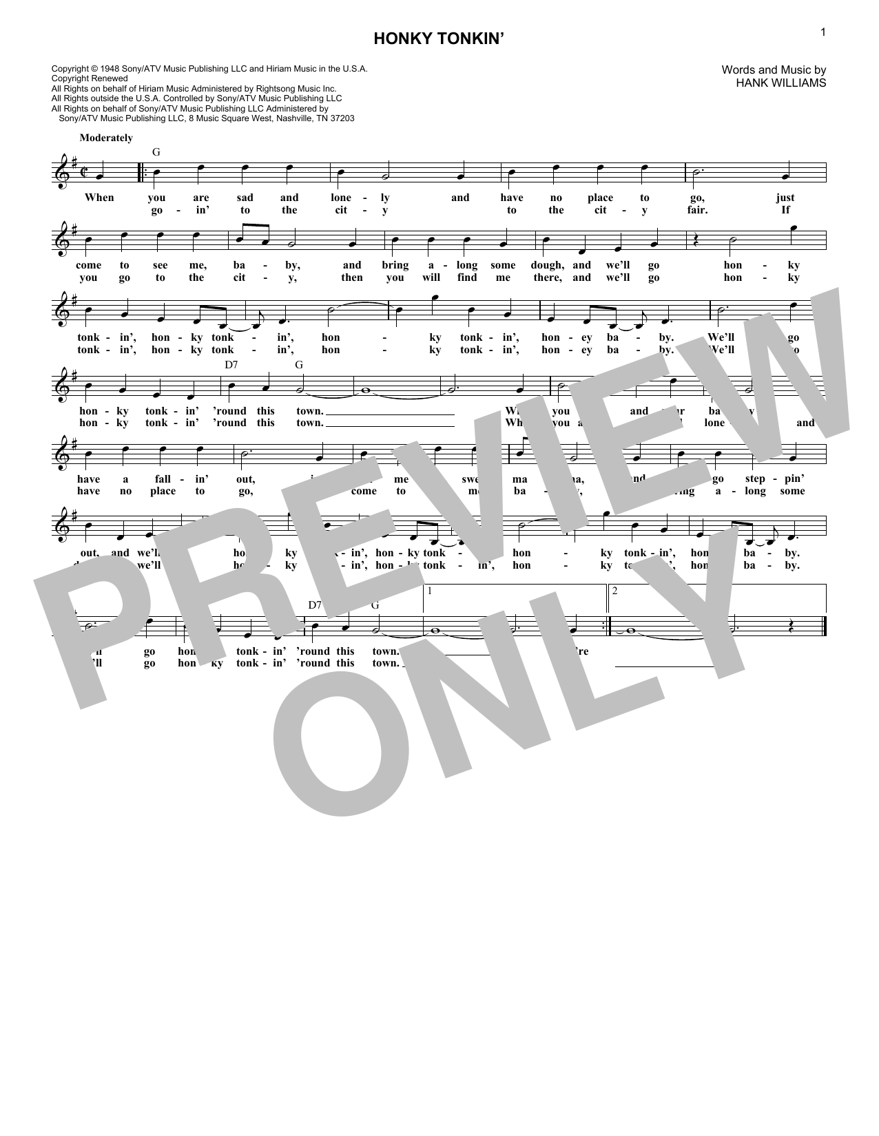 Hank Williams Jr. Honky Tonkin' Sheet Music Notes & Chords for Melody Line, Lyrics & Chords - Download or Print PDF