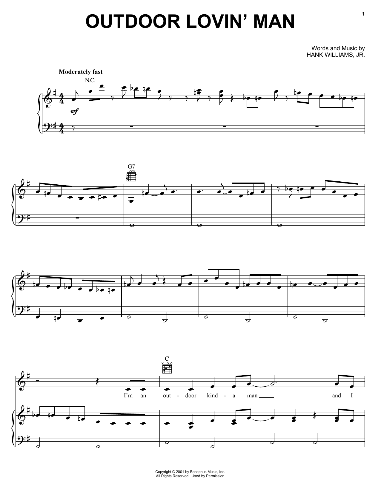 Hank Williams, Jr. Outdoor Lovin' Man Sheet Music Notes & Chords for Piano, Vocal & Guitar Chords (Right-Hand Melody) - Download or Print PDF