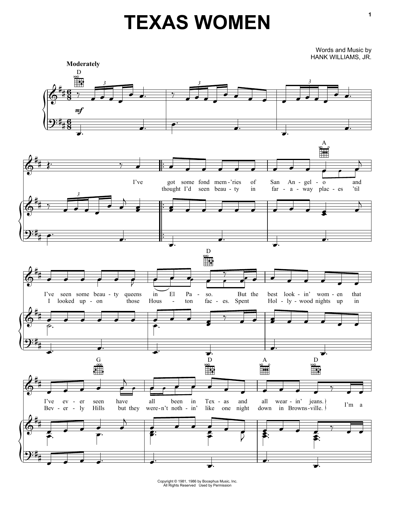 Hank Williams, Jr. Texas Women Sheet Music Notes & Chords for Piano, Vocal & Guitar Chords (Right-Hand Melody) - Download or Print PDF