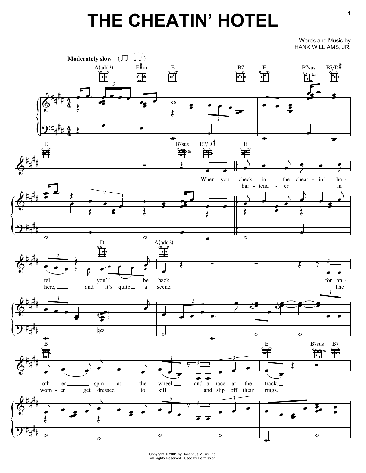 Hank Williams, Jr. The Cheatin' Hotel Sheet Music Notes & Chords for Piano, Vocal & Guitar Chords (Right-Hand Melody) - Download or Print PDF