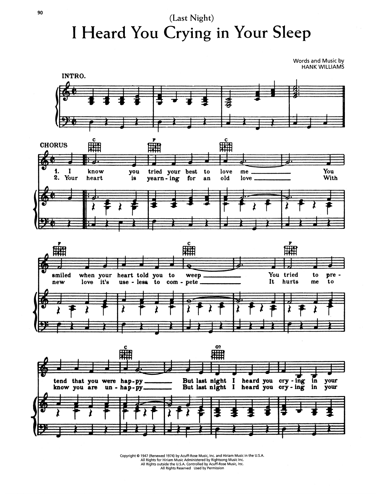Hank Williams (Last Night) I Heard You Crying In Your Sleep Sheet Music Notes & Chords for Piano, Vocal & Guitar Chords (Right-Hand Melody) - Download or Print PDF