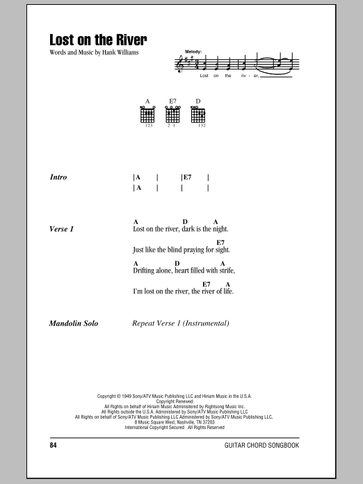Hank Williams Lost On The River Sheet Music Notes & Chords for Lyrics & Chords - Download or Print PDF