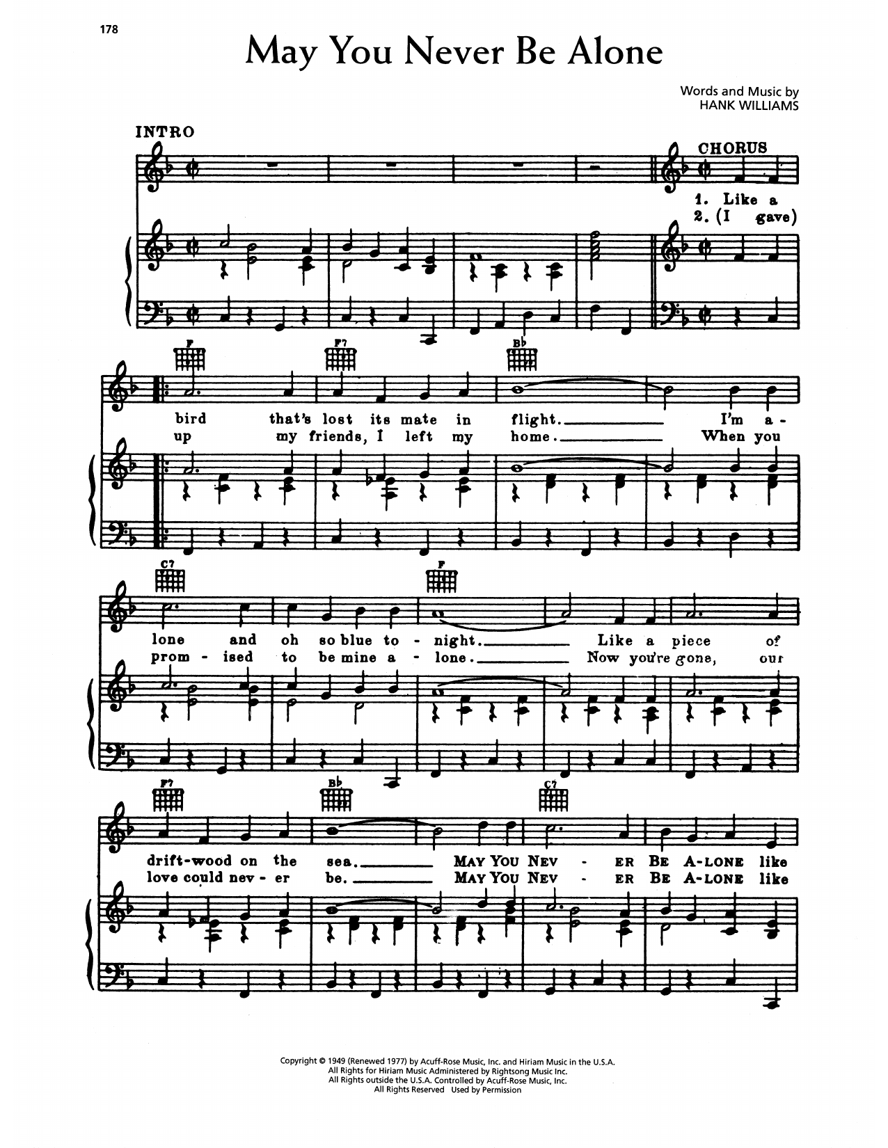 Hank Williams May You Never Be Alone Sheet Music Notes & Chords for Piano, Vocal & Guitar Chords (Right-Hand Melody) - Download or Print PDF