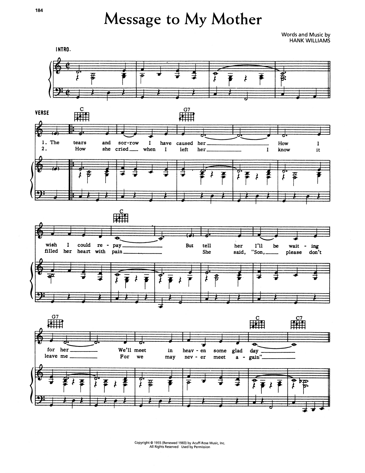 Hank Williams Message To My Mother Sheet Music Notes & Chords for Piano, Vocal & Guitar Chords (Right-Hand Melody) - Download or Print PDF