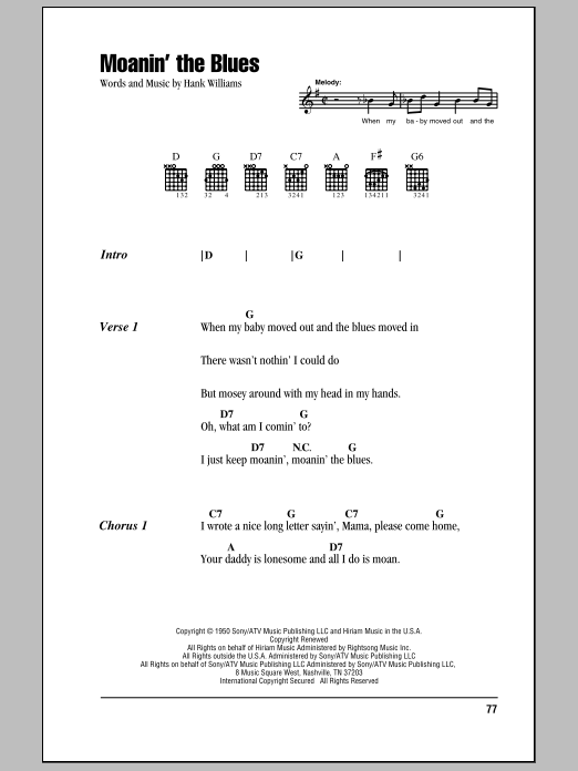 Hank Williams Moanin' The Blues Sheet Music Notes & Chords for Ukulele - Download or Print PDF