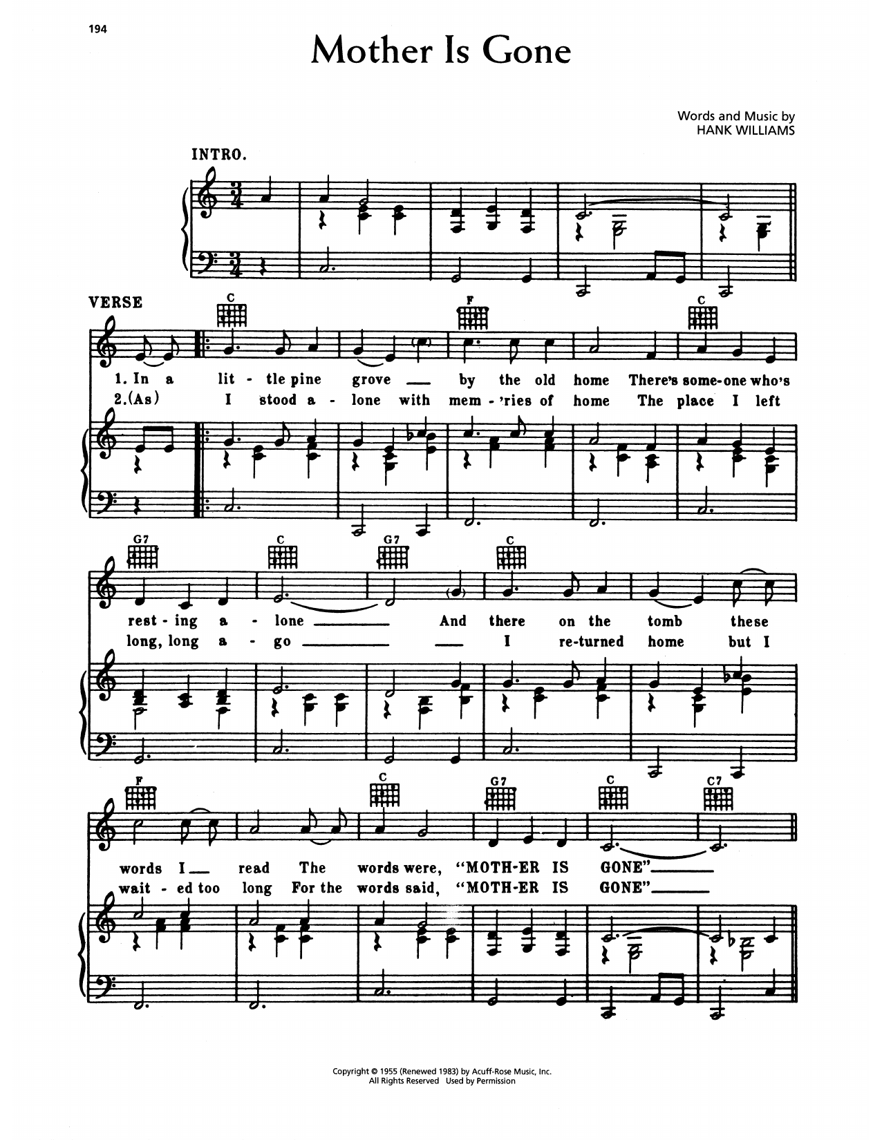 Hank Williams Mother Is Gone Sheet Music Notes & Chords for Piano, Vocal & Guitar Chords (Right-Hand Melody) - Download or Print PDF