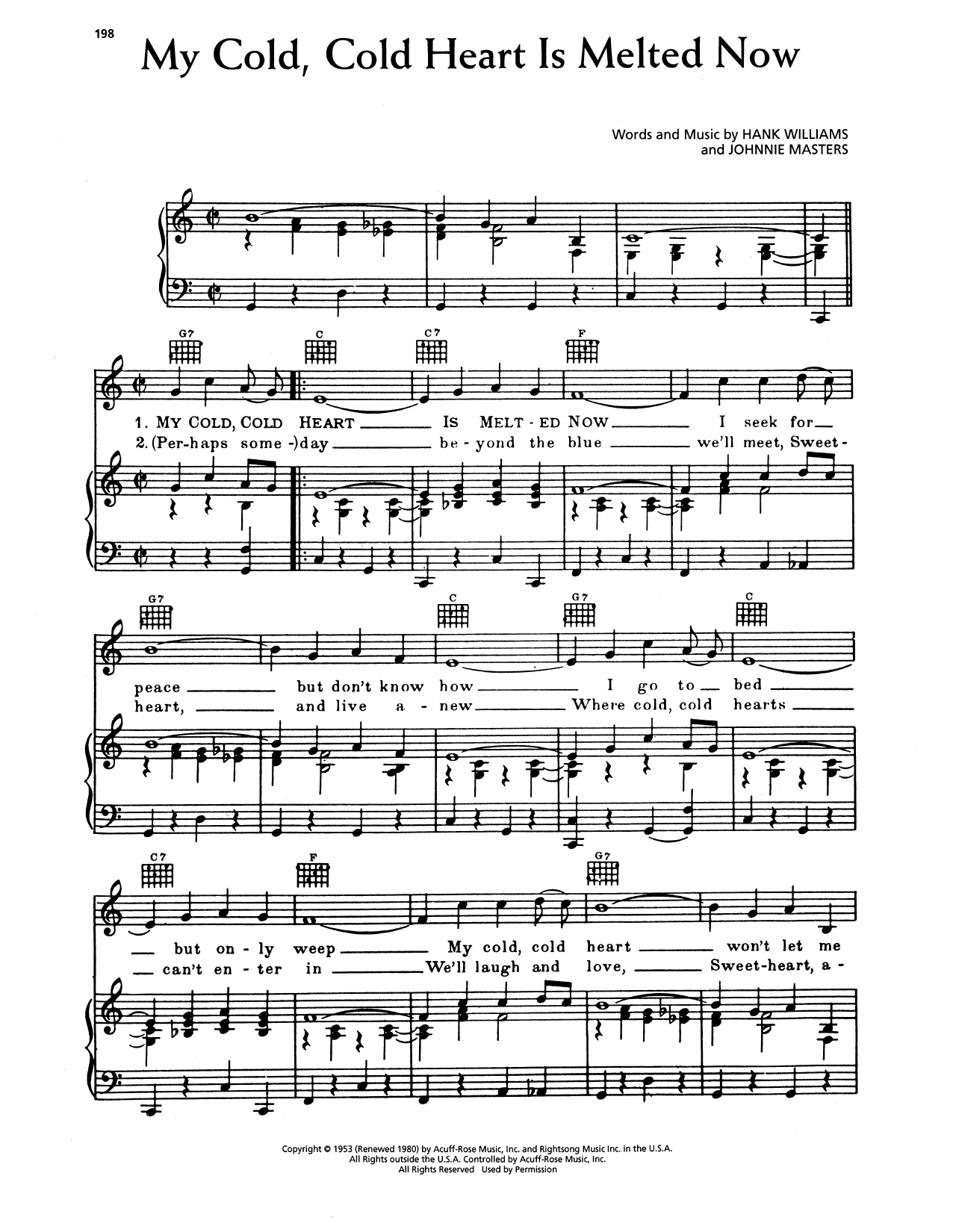 Hank Williams My Cold Cold Heart Is Melted Now Sheet Music Notes & Chords for Piano, Vocal & Guitar Chords (Right-Hand Melody) - Download or Print PDF