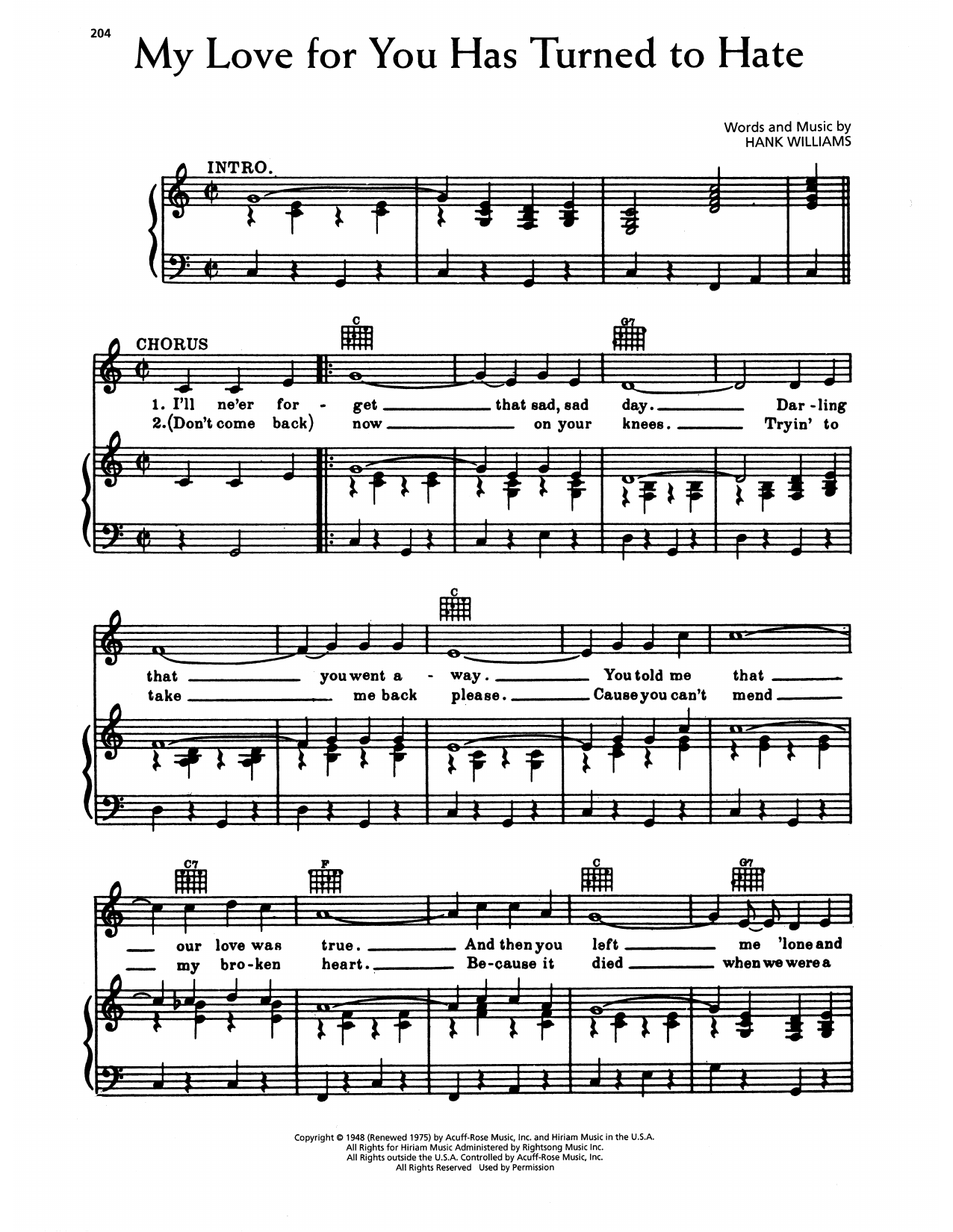 Hank Williams My Love For You Has Turned To Hate Sheet Music Notes & Chords for Piano, Vocal & Guitar Chords (Right-Hand Melody) - Download or Print PDF