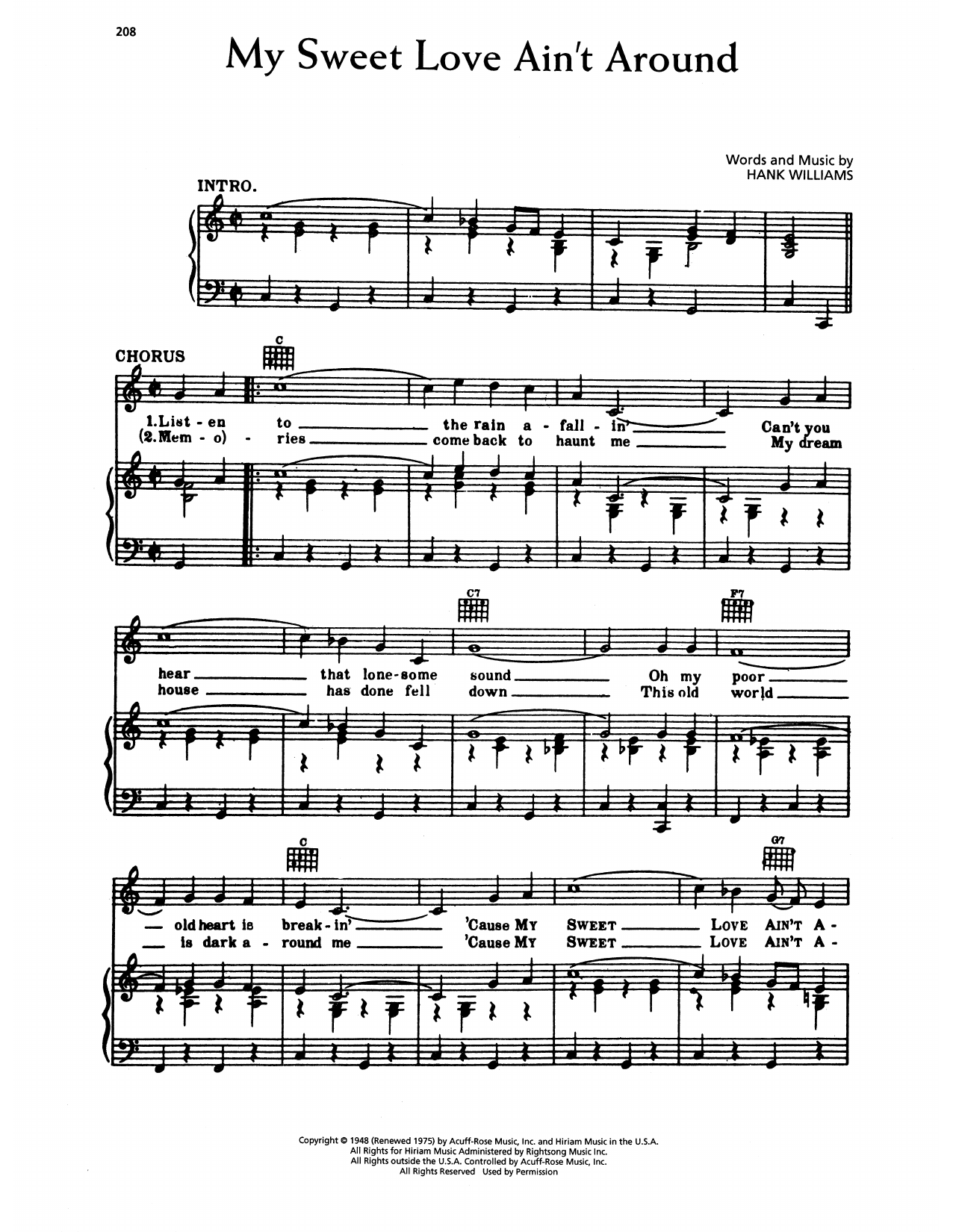 Hank Williams My Sweet Love Ain't Around Sheet Music Notes & Chords for Piano, Vocal & Guitar Chords (Right-Hand Melody) - Download or Print PDF