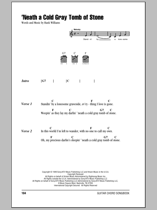 Hank Williams 'Neath A Cold Gray Tomb Of Stone Sheet Music Notes & Chords for Lyrics & Chords - Download or Print PDF Hank Williams 'Neath A Cold Gray Tomb Of Stone Sheet Music Notes & Chords for Lyrics & Chords - Download or Print PDF