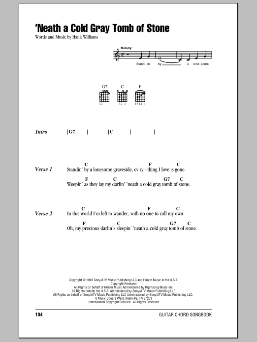 Hank Williams 'Neath A Cold Gray Tomb Of Stone Sheet Music Notes & Chords for Lyrics & Chords - Download or Print PDF