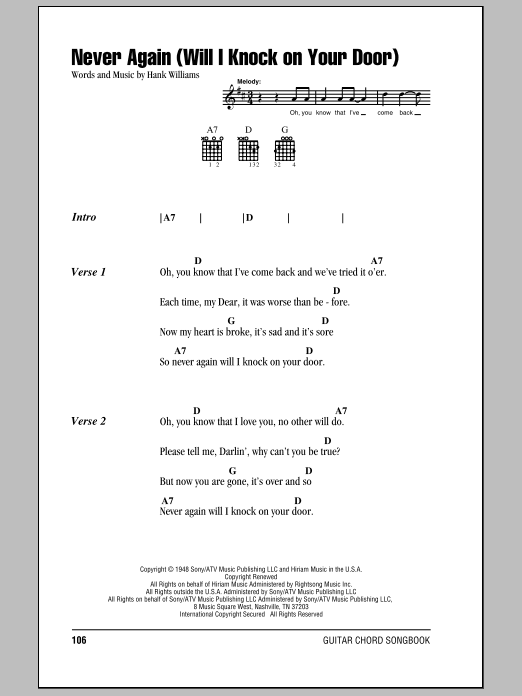 Hank Williams Never Again (Will I Knock On Your Door) Sheet Music Notes & Chords for Lyrics & Chords - Download or Print PDF