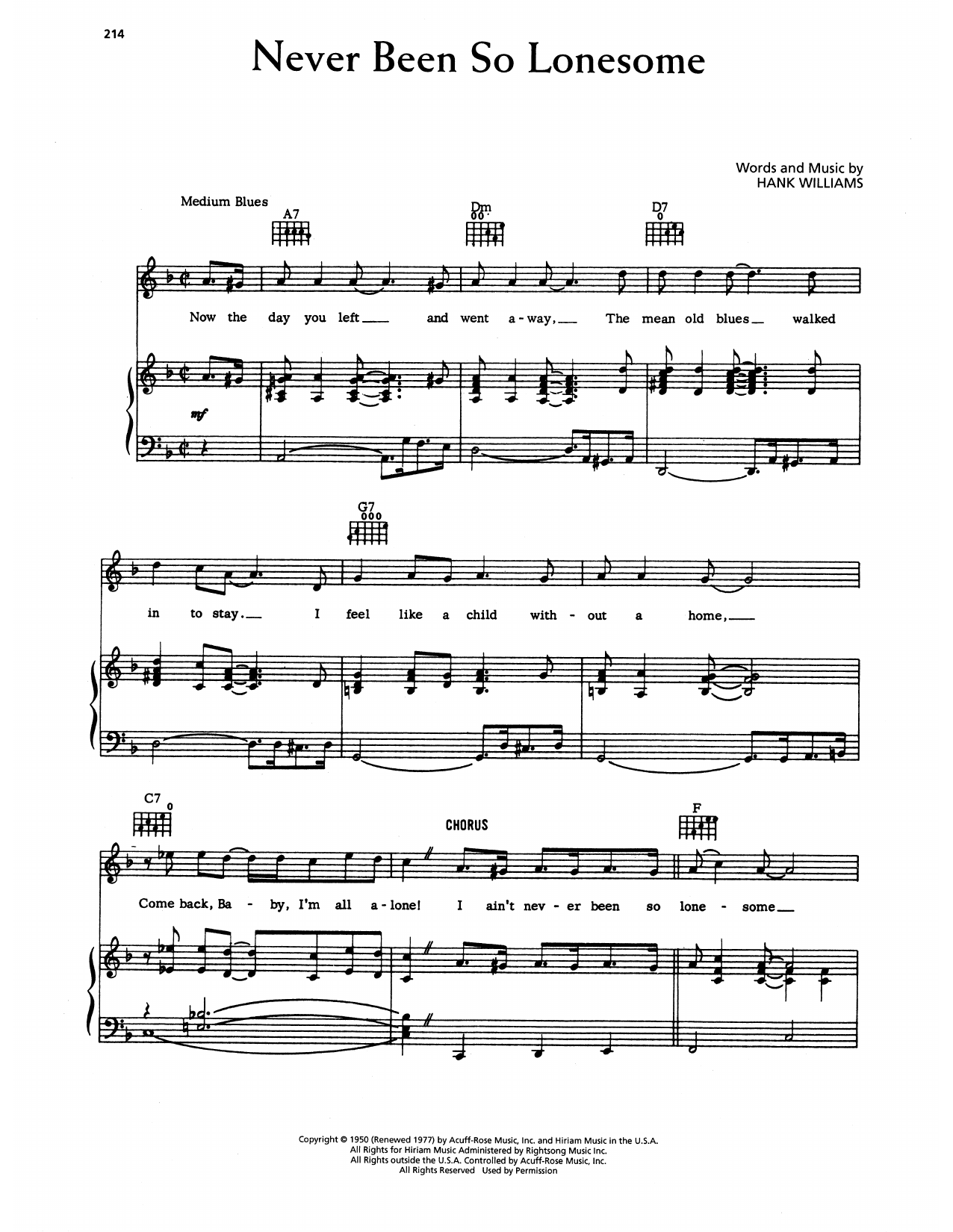 Hank Williams Never Been So Lonesome Sheet Music Notes & Chords for Piano, Vocal & Guitar Chords (Right-Hand Melody) - Download or Print PDF