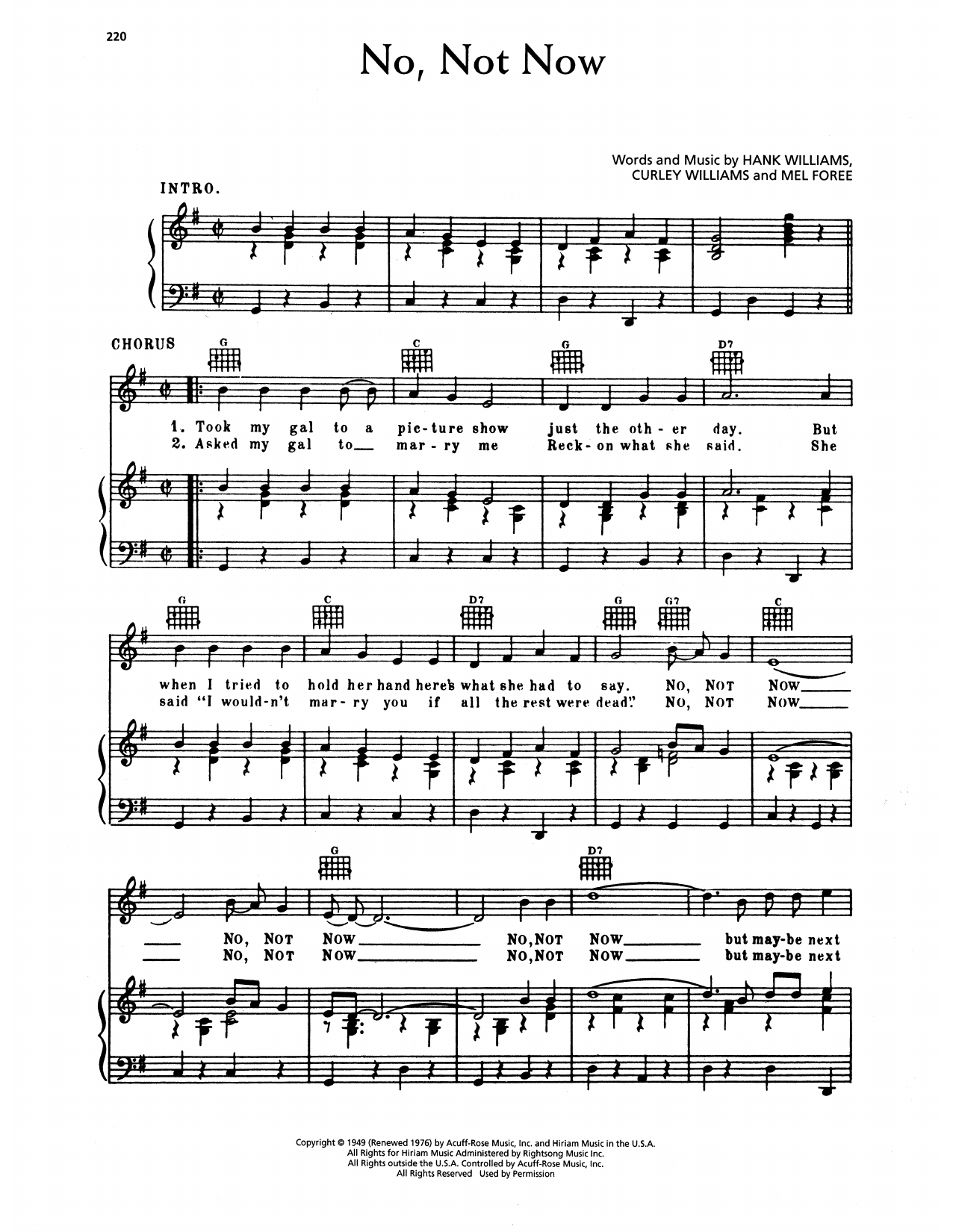 Hank Williams No, Not Now Sheet Music Notes & Chords for Piano, Vocal & Guitar Chords (Right-Hand Melody) - Download or Print PDF