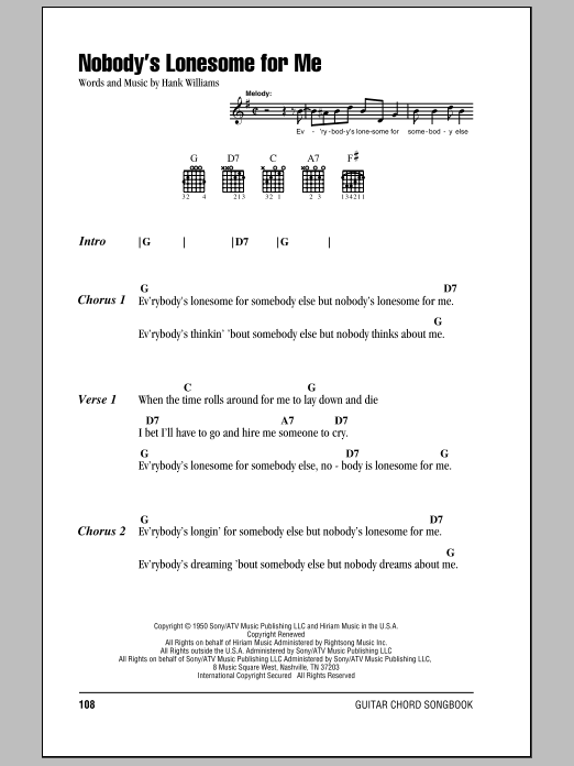 Hank Williams Nobody's Lonesome For Me Sheet Music Notes & Chords for Lyrics & Chords - Download or Print PDF