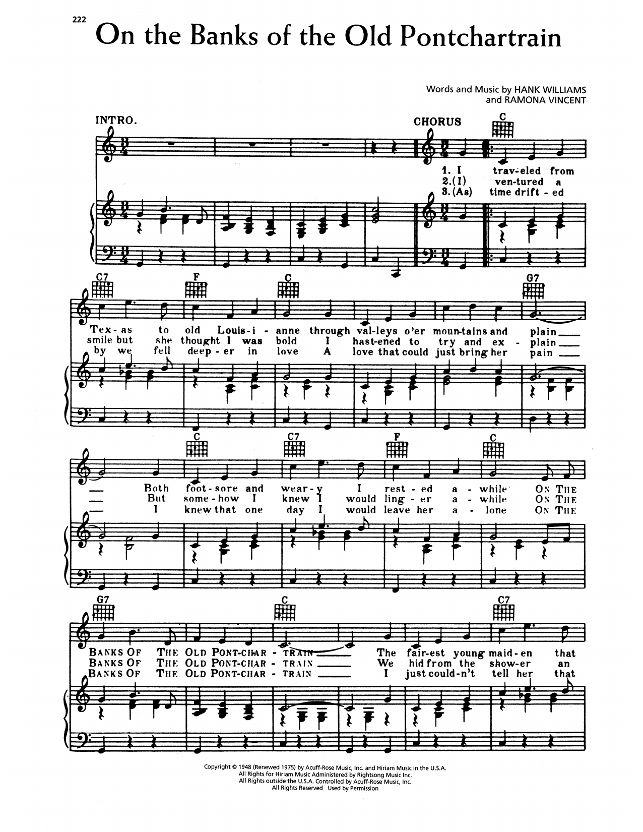 Hank Williams On The Banks Of The Old Pontchartrain Sheet Music Notes & Chords for Piano, Vocal & Guitar Chords (Right-Hand Melody) - Download or Print PDF