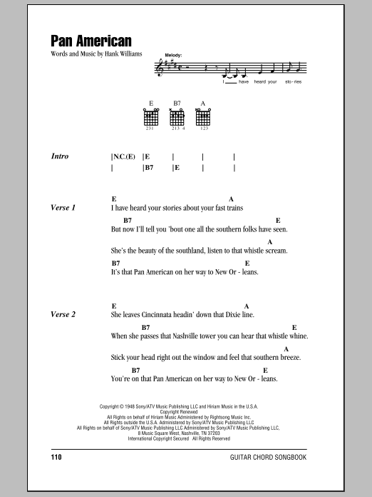 Hank Williams Pan American Sheet Music Notes & Chords for Lyrics & Chords - Download or Print PDF