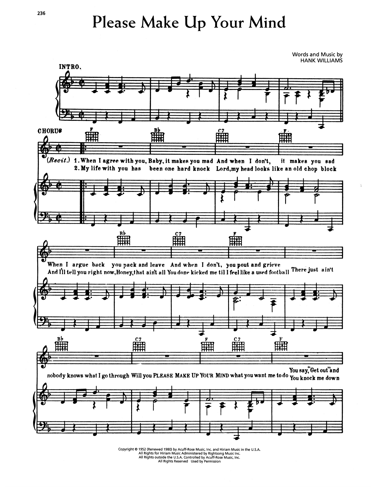 Hank Williams Please Make Up Your Mind Sheet Music Notes & Chords for Piano, Vocal & Guitar Chords (Right-Hand Melody) - Download or Print PDF