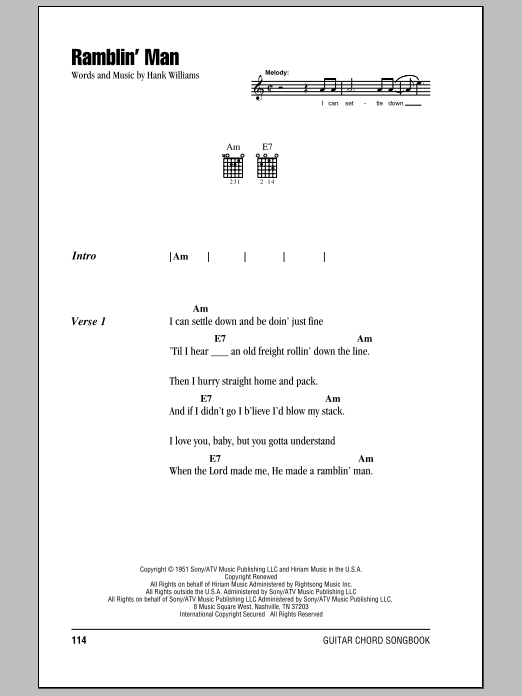 Hank Williams Ramblin' Man Sheet Music Notes & Chords for Piano, Vocal & Guitar (Right-Hand Melody) - Download or Print PDF