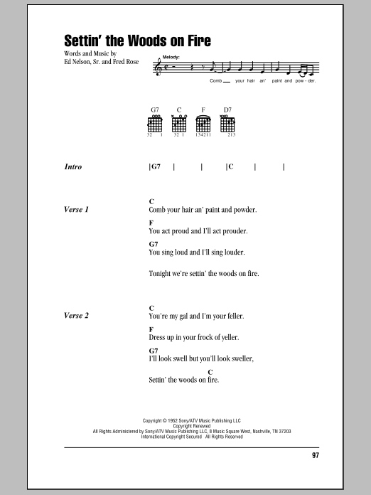 Hank Williams Settin' The Woods On Fire Sheet Music Notes & Chords for Lyrics & Chords - Download or Print PDF