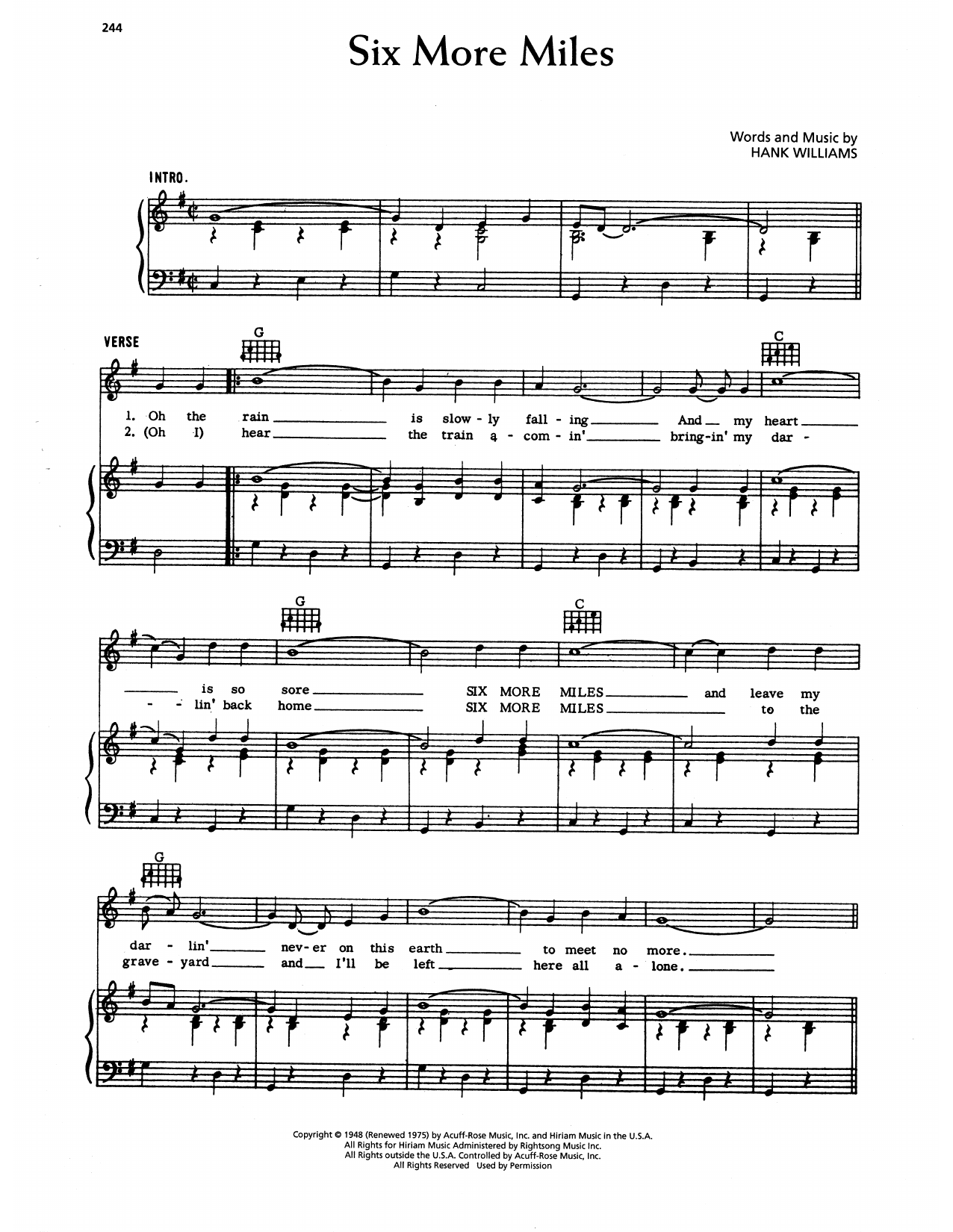 Hank Williams Six More Miles Sheet Music Notes & Chords for Piano, Vocal & Guitar Chords (Right-Hand Melody) - Download or Print PDF