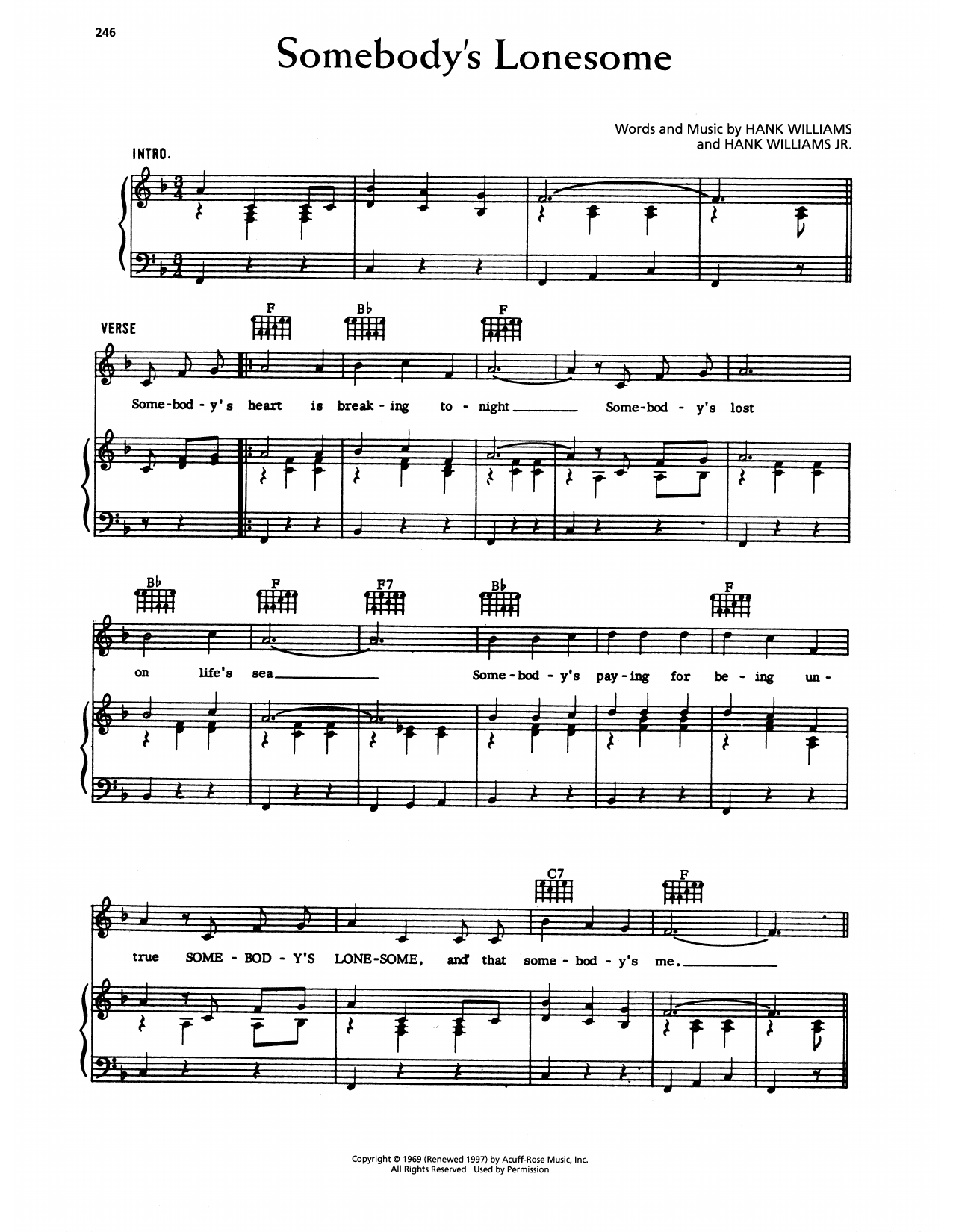 Hank Williams Somebody's Lonesome Sheet Music Notes & Chords for Piano, Vocal & Guitar Chords (Right-Hand Melody) - Download or Print PDF