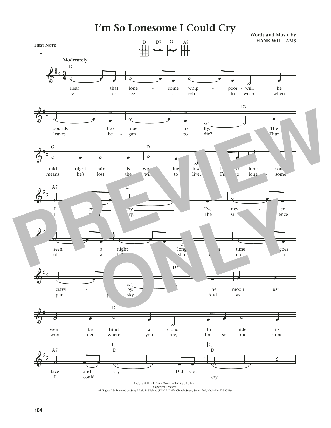 Hank Williams, Sr. I'm So Lonesome I Could Cry (from The Daily Ukulele) (arr. Jim Beloff) Sheet Music Notes & Chords for Ukulele - Download or Print PDF