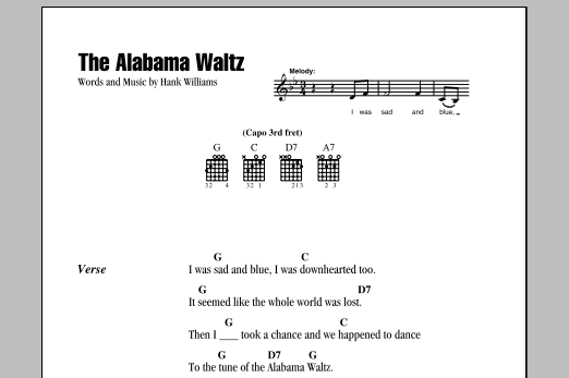 Hank Williams The Alabama Waltz Sheet Music Notes & Chords for Piano, Vocal & Guitar (Right-Hand Melody) - Download or Print PDF